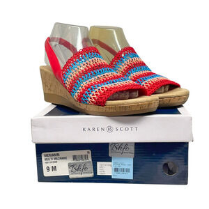 Karen Scott Sz 9 Meriamm Wedge Sandals Macrame Vamp Red Ankle Strap Colorful